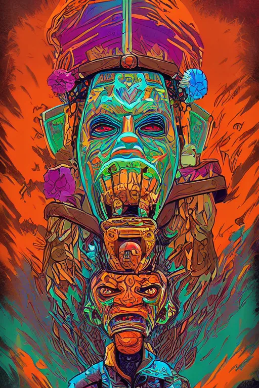 Image similar to totem animal tribal chaman vodoo mask feather gemstone plant wood rock video game illustration vivid color borderlands by josan gonzales and dan mumford radiating a glowing aura