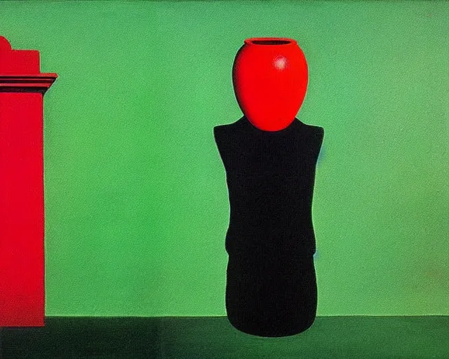 Image similar to a green, red, and black painting by Magritte