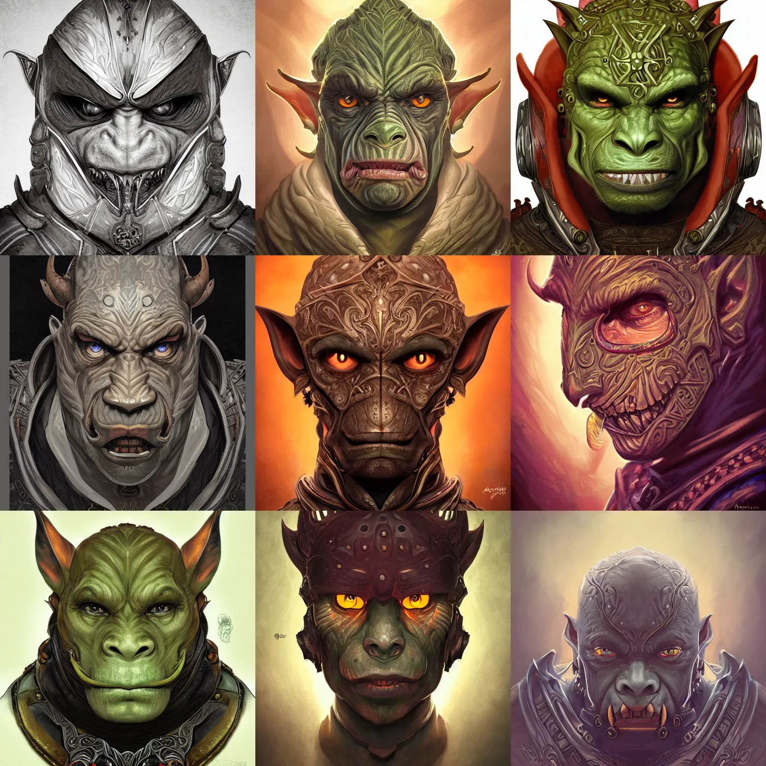 Prompt: head-on symmetrical centered painted portrait, male orc goblin rogue, leather armour, art nouveau, fractal tarot card style, masterpiece, fantasy, intricate, elegant, highly detailed, smooth, sharp focus, illustration, artstation, in the style of Artgerm and Anna Podedworna and Alex Ross and Mucha