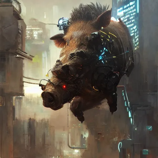 Image similar to a wild boar, painting by Raymond Swanland, cyberpunk, sci-fi cybernetic implants hq, Cadaques