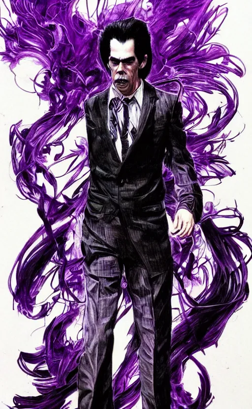 Image similar to full body portrait of nick cave with a lot of purple smoke coming out of his mouth!!!, concept art, sumi - e style, intricate linework, artstation, trending, highly detailed, smooth, focus, art by yoji shinkawa and glenn fabry,