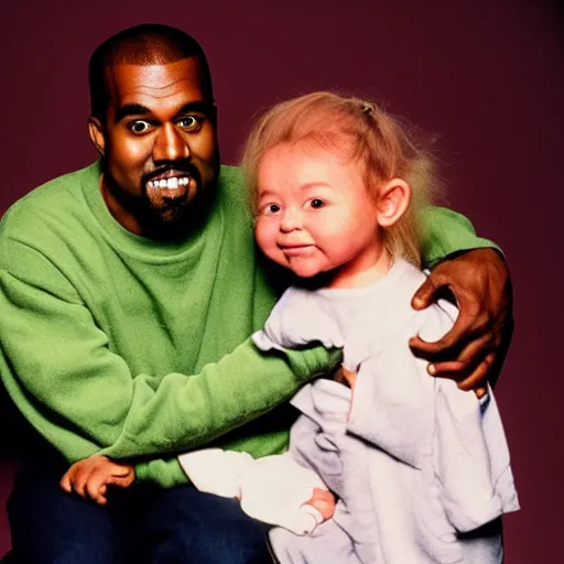 Image similar to kanye west smiling and holding yoda for a 1 9 9 0 s sitcom tv show, studio photograph, portrait