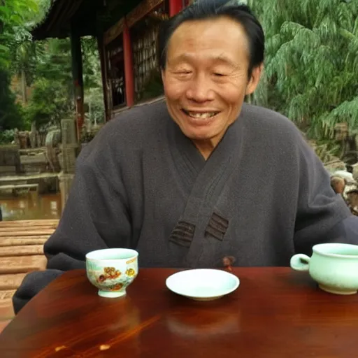 Image similar to zhuangzi drinking chinese tea in a chinese tea house, smiling, introspective, deep mystical knowledge