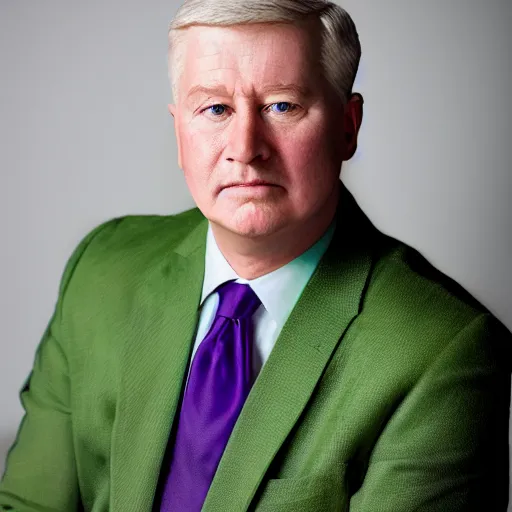 Image similar to augustus aloysius corporate portrait, senior sales marketing acquisitions ceo executive vp, purple green color scheme, professional studio lighting, hyperreal detailed lifelike facial features, corporate portraiture photographed by david lynch