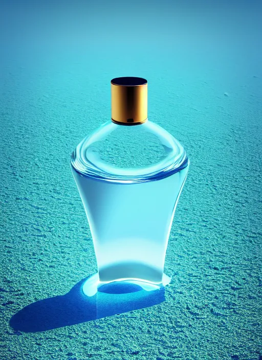 Prompt: perfume bottle standing in a desert oasis in deep blue pond water surrounded by smokey cloud, blurred background contoured smooth fair walls, up close shot, sharp focus, global illumination, radiant light, zaha hadid, irakli nadar, octane highly render, 4 k, ultra hd,