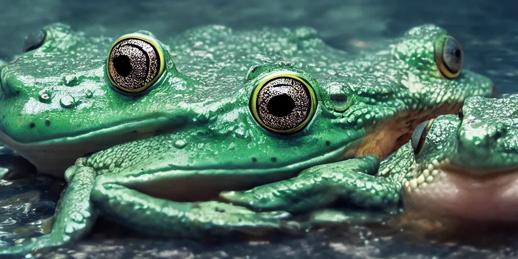 Image similar to a very intricately detailed underwater photo of a frogs cuddling. a lot of bubbles, diffracting the light. extreme detail, artstation hq, 8 k