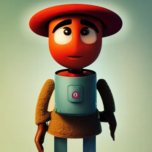 Image similar to full body portrait of a round robot wearing beret, painting a canvas, big head, high detail, beautiful light, depth of field, sharp focus, clean design, 4 k, pixar, colorful, octane render