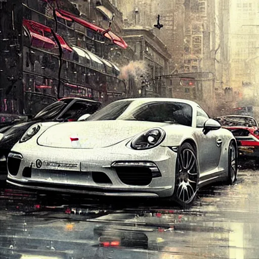 Image similar to porsche in city, chaos, digital art,ultra realistic,ultra detailed,art by greg rutkowski