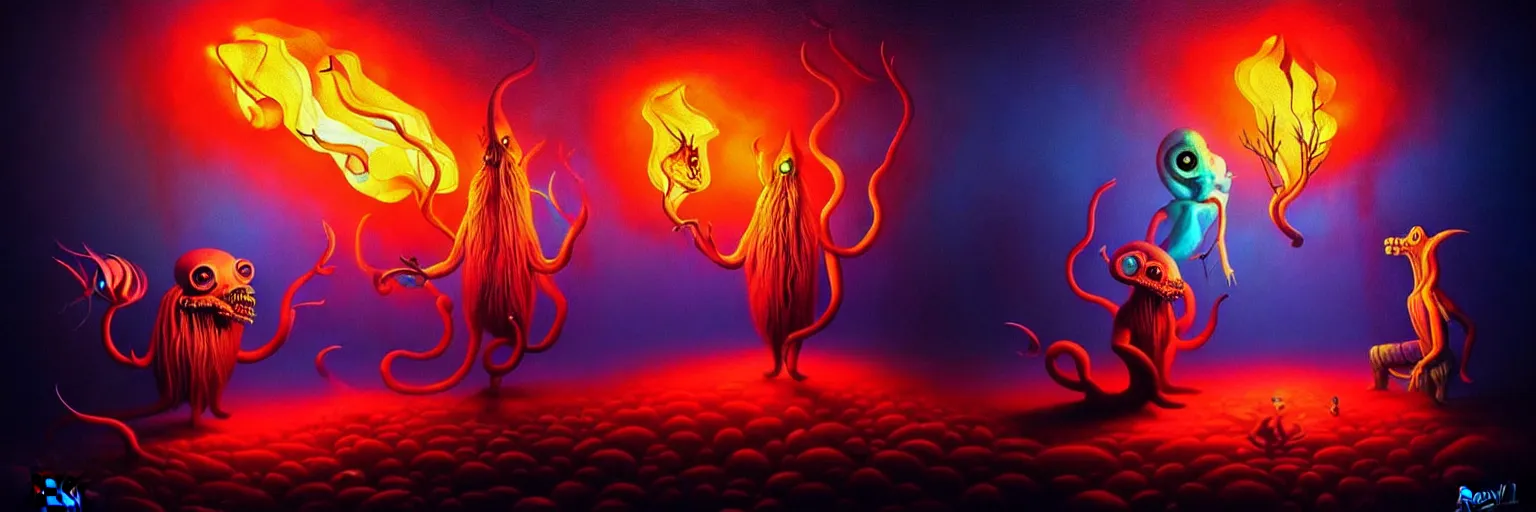 Image similar to whimsical creature freaks from the depths of the collective unconsciouis, dramatic lighting from fire glow, surreal darkly colorful painting by ronny khalil