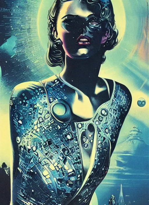 Image similar to scarlett johannson, science fiction poster, high details, intricate details, by vincent di fate, artgerm julie bell beeple, 1 9 6 0 s, inking, vintage 6 0 s print, screen print