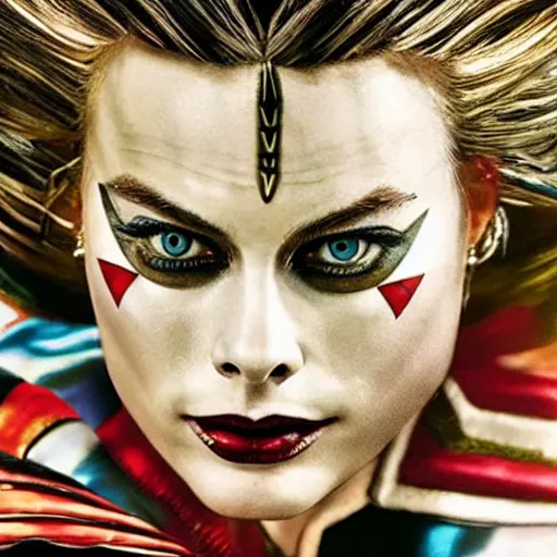 Image similar to photo of margot robbie as a harlequin warrior