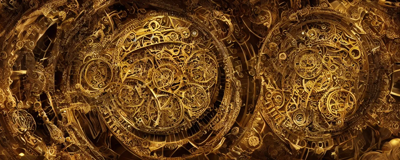 Image similar to dynamic composition, intricate layered golden clockwork machine with cogs, super detailed, by karol bak, jean deville, and jesse king, otherworldly, fractal structures, arcane, clockface, inscribed runes, ornate gilded cosmic machine, spirals, featured on cgsociety, unreal engine, 8 k, cinematic lighting