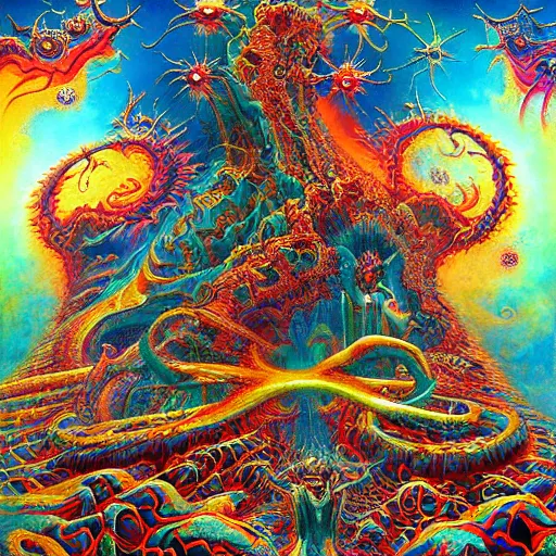 Prompt: hypercomplex image of a pscychedelic fractal hell, a scientist's nightmare fed into the mega god of chaos, dramatic, action horror by lisa frank, alex grey, karol bak, greg hildebrandt, and mark brooks, rich deep colors. beksinski painting, part by adrian ghenie and gerhard richter. art by takato yamamoto