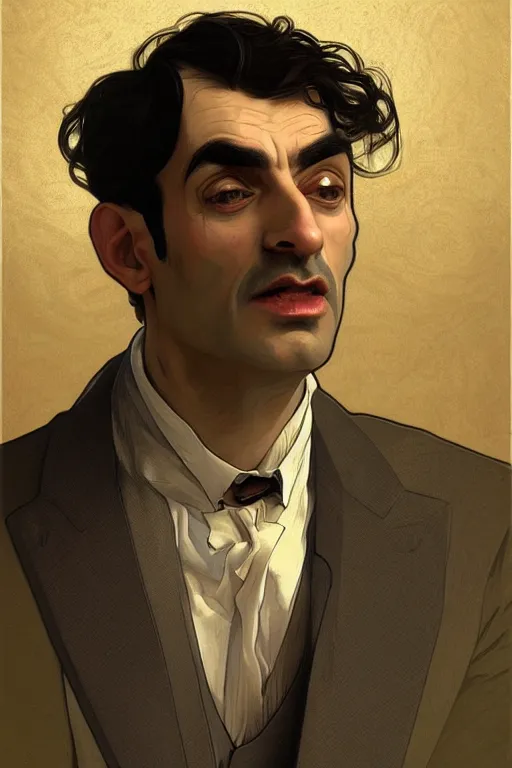 Image similar to portrait of Mister Bean. intricate, elegant. highly detailed, digital painting, artstation, concept art, smooth, sharp, focus, illustration. art by alphonse mucha