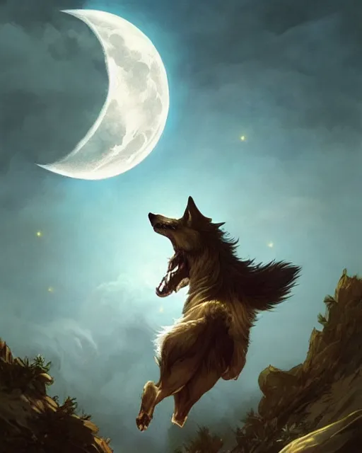 Image similar to '' Illustration of a wolf chasing the moon through the sky, league of legends, LOL, fantasy, d&d, digital painting, artstation, concept art, sharp focus, illustration, art by greg rutkowski and alphonse mucha ''