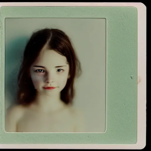 Image similar to a porcelain portrait of a girl is melting like an ice cream, realistic detailed photography polaroid