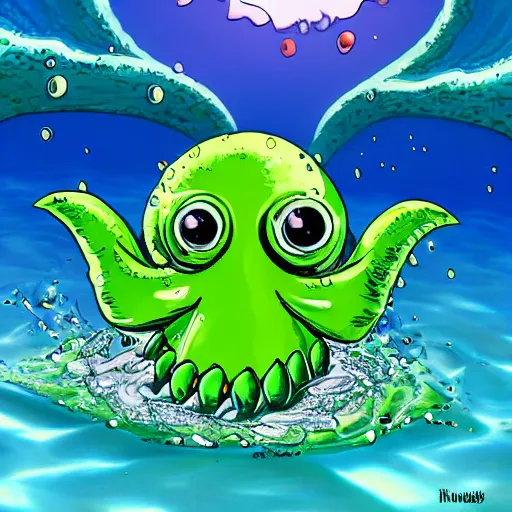 Prompt: cute baby cthulu splashing in the ocean-H 768