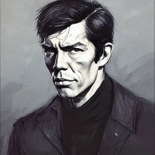 Image similar to portrait of james coburn, colourised, face portrait, epic, suave cool debonair, heist movie, fantasy, dieselpunk, hd shot, digital portrait, beautiful, artstation, comic style, by artgerm, guy denning, jakub rozalski, magali villeneuve and charlie bowater