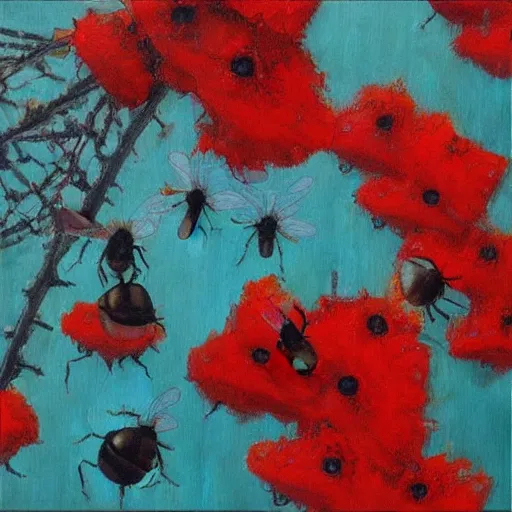 Image similar to “big red bees over city realistic panting”