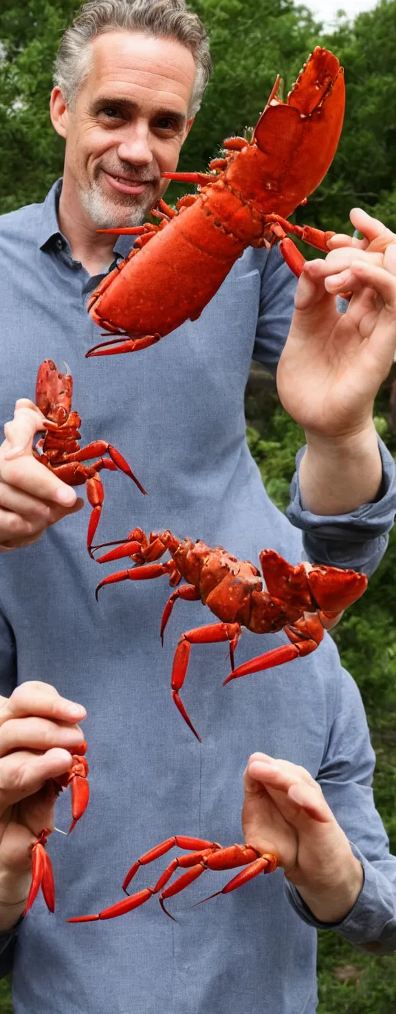 Image similar to jordan peterson holds lobsters in his hands and there are medical pills covering the floor