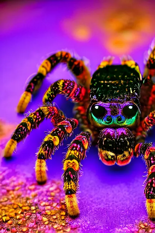 Image similar to high quality close-up photo gothic holographic tarantula! jewelled gorgeous! highly detailed david ligare elson peter cinematic purple neon lighting high quality low angle hd 8k sharp shallow depth of field