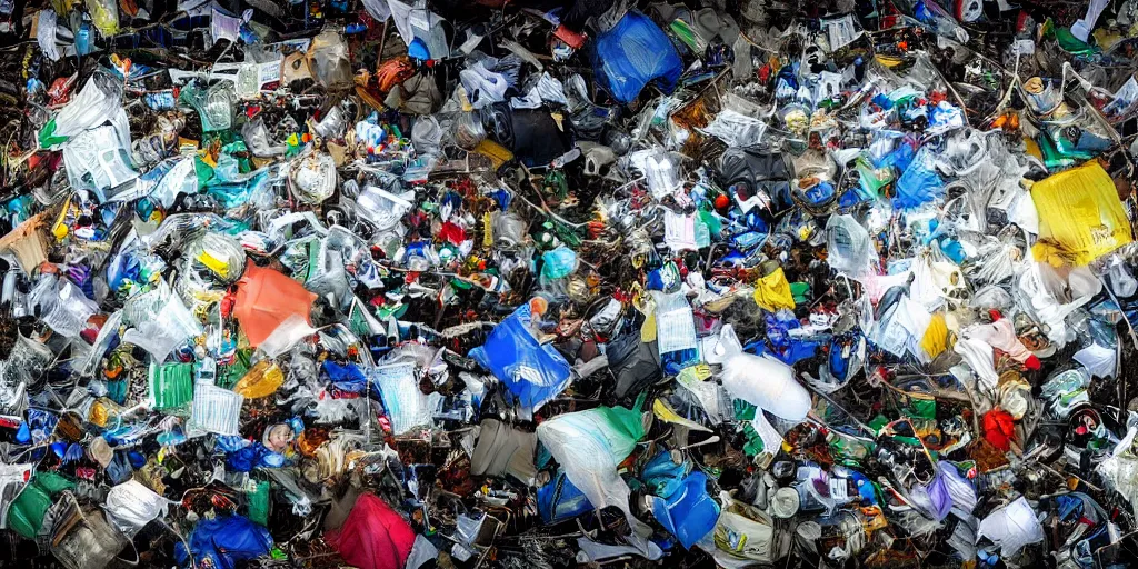 Prompt: planet Earth completely covered with rubbish, junk and plastic garbage, floating in the sky, photorealistic image, very detailed