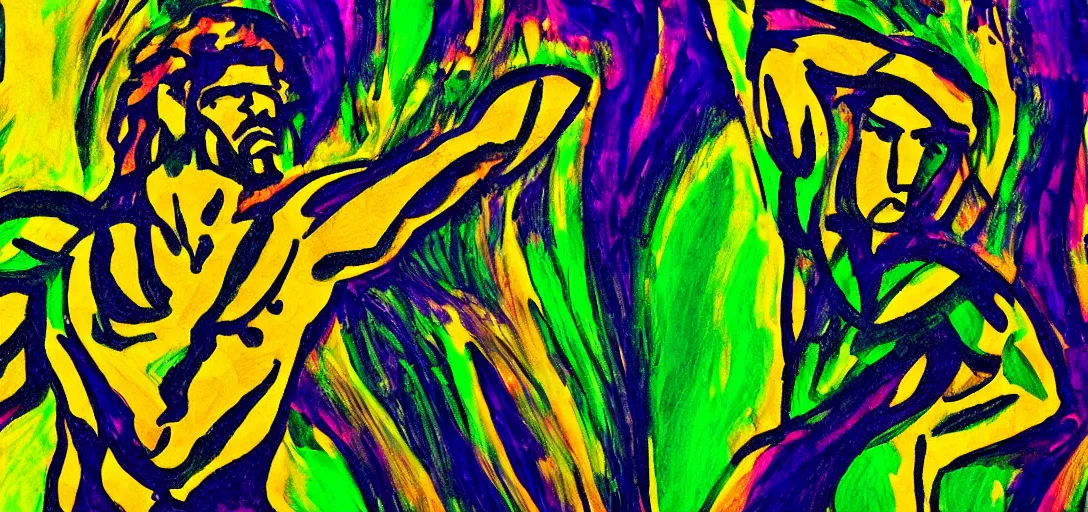 Image similar to an abstract spiritual background, a multiracial greek god dancing, green eyes. high contrast lines, great detail. 2 4 mm, photorealistic, saturated color scheme