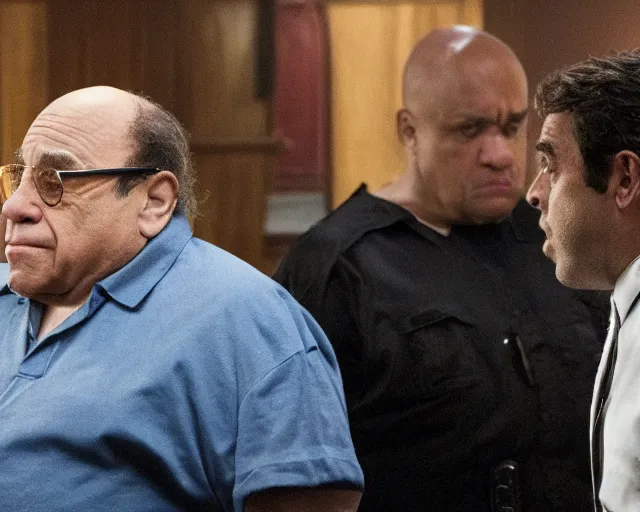 Prompt: a still from an episode of law and order svu starring danny devito, 4 k
