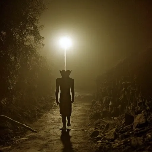 Image similar to a mythical demon roaming a village in nepal at night, very scary photo, moonlit