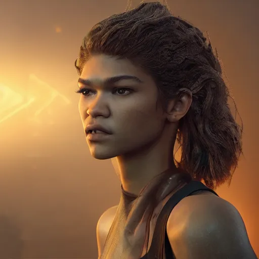 Image similar to hyperrealistic mixed media high resolution image of zendaya, sweating, stunning 3 d render inspired art by jamie salmon and istvan sandorfi and unreal engine and greg rutkowski, dim volumetric lighting, 8 k octane beautifully detailed render, post - processing, extremely hyper - detailed, intricate, highly detailed attributes, cinematic lighting