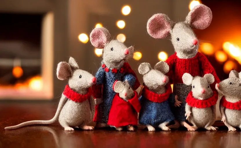 Image similar to close - up of a mouse family sitting in front of a cozy christmas fireplace wearing woolen sweater, cinematic lighting, dark atmosphere