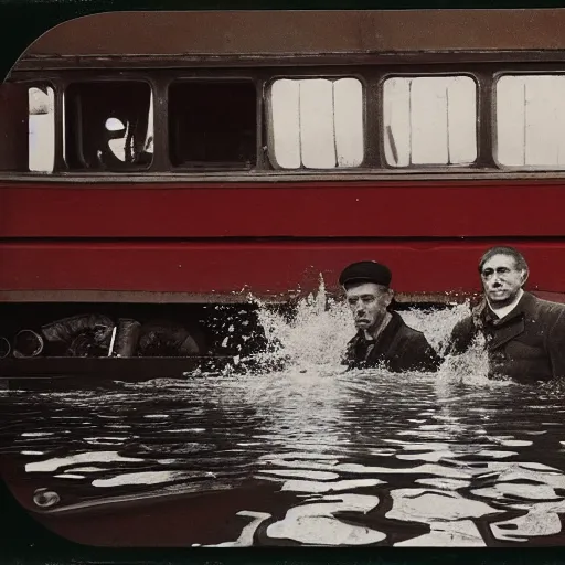 Prompt: almost completely flooded metro wagon. photo from inside the wagon, in the center of the frame stands one calm man up to his chest in water and looks at the camera. warm lighting, old color photo, ussr, extremely detailed, 8 k, vintage color