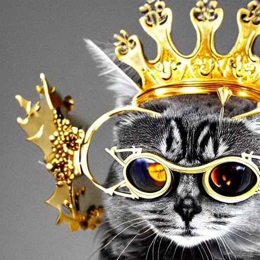 Prompt: A cat wearing an extremely intricate golden crown and goggles, 4k