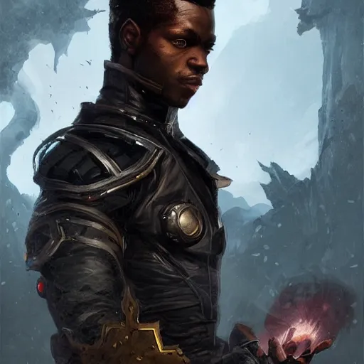 Image similar to a black male rogue, detailed face, symmetric face, hyperrealism, epic fantasy digital art, fantasy style art, by Greg Rutkowski, fantasy magic the gathering card art style