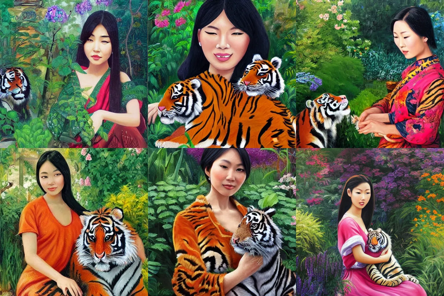 Prompt: beautiful asian woman in her garden with her pet tiger, detailed oil painting