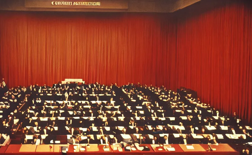 Prompt: 60s movie still of a CCCP congress in a stalinist style parlement, by Irving Penn , cinestill 800t 35mm eastmancolor, heavy grainy picture, very detailed, high quality, 4k, HD criterion