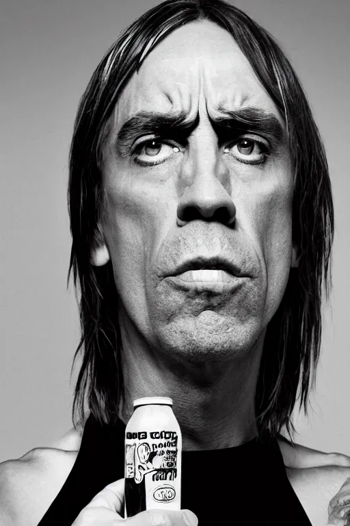 Prompt: a plastic soda bottle containing iggy pop