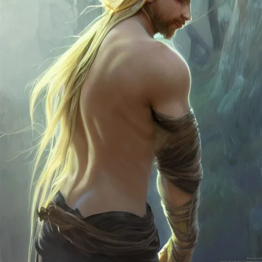 Prompt: masterpiece ultra realistic digital painting of a male elf with blonde hair in a ponytail, intricate, dramatic, cinematic, fantasy, highly detailed. in the style of alphonse mucha, greg rutkowski, artgerm, artstation trending.