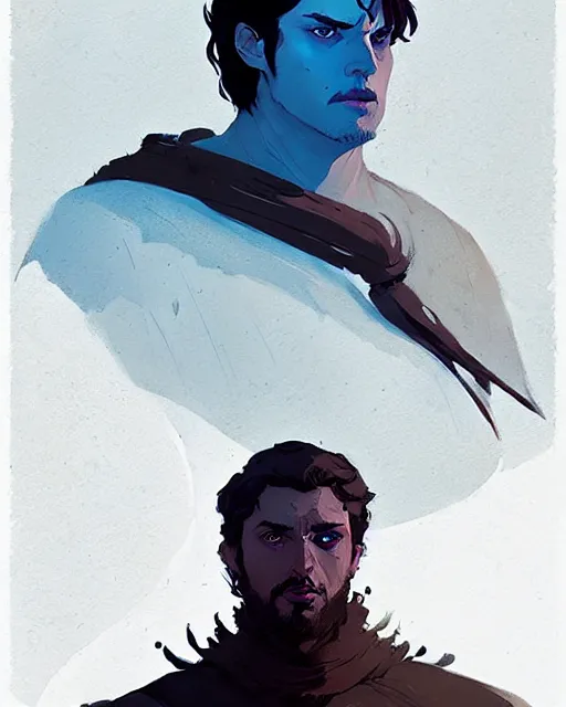 Image similar to portrait of raven male lord from game of thrones by atey ghailan, by greg rutkowski, by greg tocchini, by james gilleard, by joe fenton, by kaethe butcher, dynamic lighting, gradient light blue, brown, blonde cream and white color scheme, grunge aesthetic