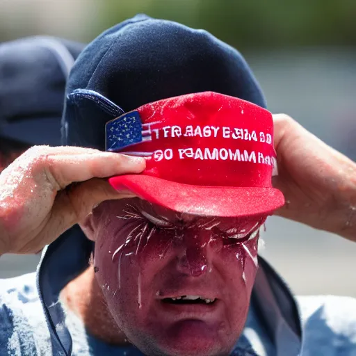 Prompt: photo still of a trump supporter crying, soaked in tears, mascara running down, street photography, maga hat, canon 7 0 - 2 0 0 mm lens f 2. 8