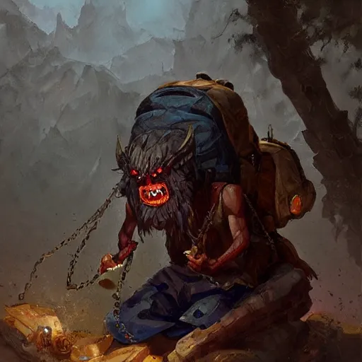 Prompt: Demonic backpack eating gemstones on a treasure pile, oil painting by Greg Rutkowski