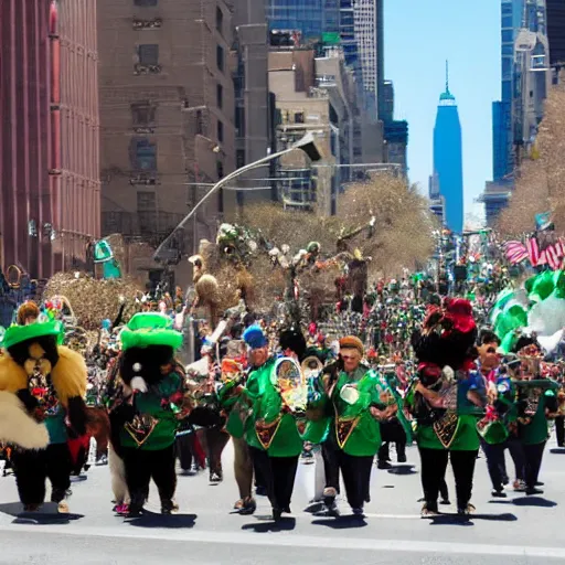 Image similar to a parade of stuffed animals marching down 5 th ave manhattan on st. patrick's day, 8 k, photo realistic, extremely life like