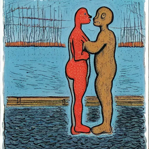 Image similar to A beautiful installation art of a man and a woman are standing on a dock, looking out at a body of water. The woman has her hand on the man's shoulder, and they appear to be deep in conversation. The colors in the installation art are muted, and the scene has a calming feeling. by Jean Dubuffet, by M.W. Kaluta realist, balmy