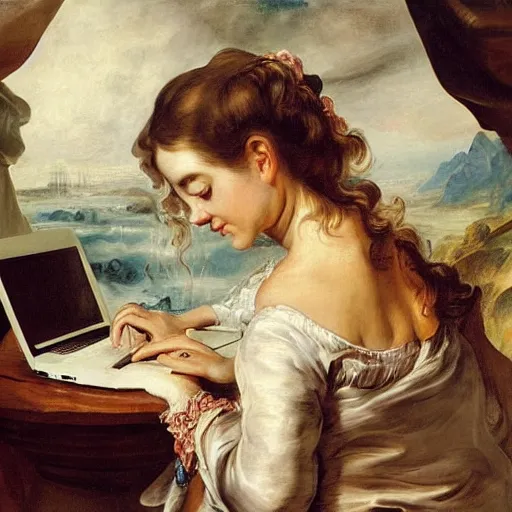 Image similar to heavenly summer sharp land sphere scallop well dressed lady working on her laptop auslese, by peter paul rubens and eugene delacroix and karol bak, hyperrealism, digital illustration, fauvist, looking at her imac laptop