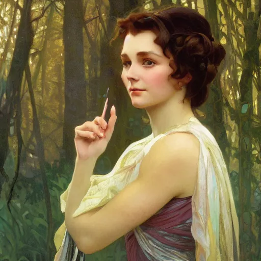 Prompt: a beautiful closeup portrait of a young vivian leigh casting a spell, forest background, serene colors, dramatic light, gorgeous view, depth, high detail, digital art, painted by alphonse mucha and greg rutkowski, trending on artstation