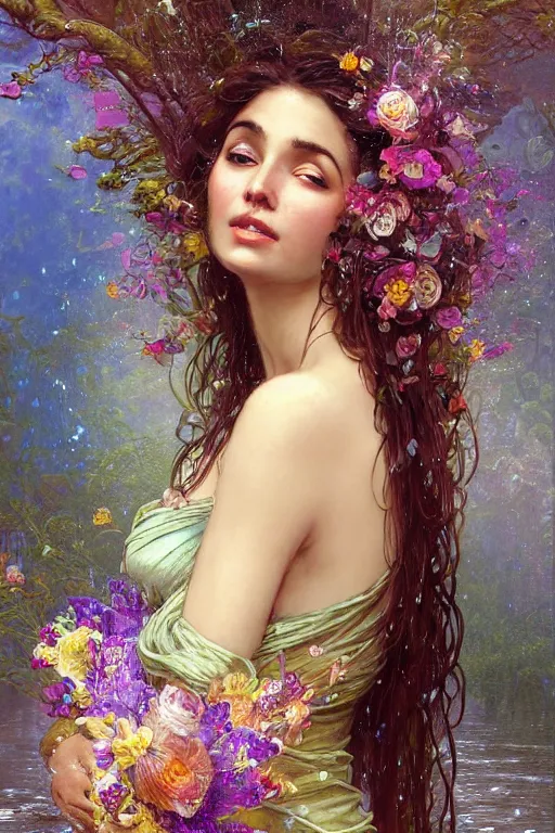 Image similar to portrait of a beautiful woman wearing a sari dress, holding a bouquet of flowing flowers, drenched body, wet dripping hair, emerging from the water, fantasy, regal, fractal crystal, fractal gems, by stanley artgerm lau, greg rutkowski, thomas kindkade, alphonse mucha, loish, norman rockwell