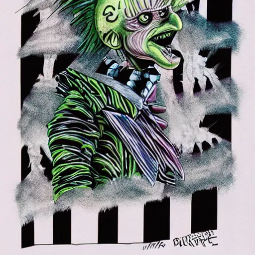 Prompt: beetlejuice creature. beetlejuice (1988). art by tim burton. practical effects