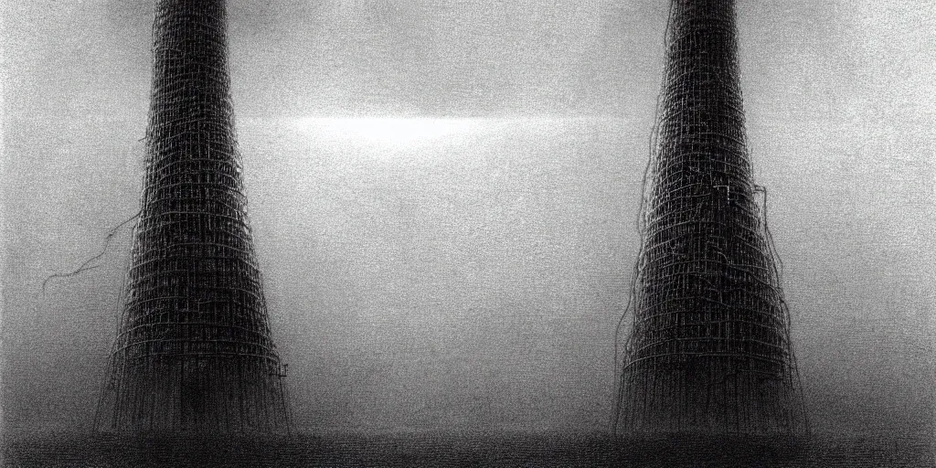 Image similar to A tower connected with cables, shining light, rays of light, by beksinski, shining light, high clouds, fog, Award winning, pencil drawing, masterpiece, detailed illustration