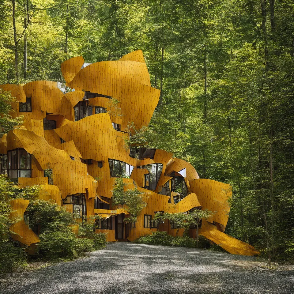 Image similar to a house in a taiga forest, designed by Frank Gehry. Tiles. Gravel pathway with parking. Film grain, cinematic, yellow hue