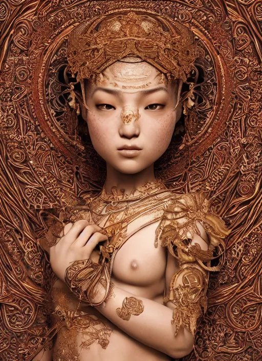 Image similar to a photo - real delicate sculpture of an ornate detailed oriental girl in front of a intricate background by aj fosik, micro detail, backlit lighting, octane renderer, colorful, physically based rendering, tribal art, trending on cgsociety